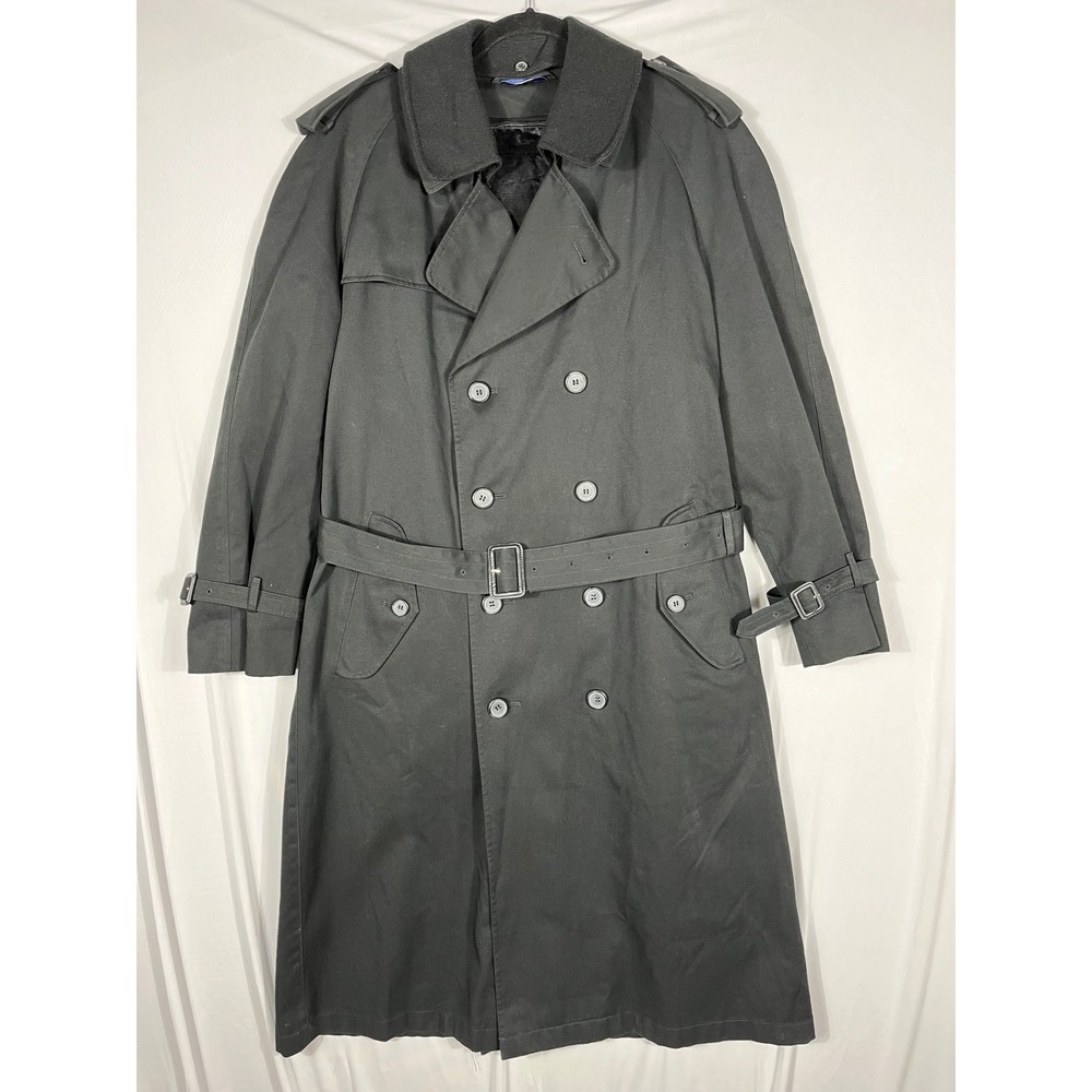 Vtg Stafford Double Breasted Lined Belted Trench Coat Overcoat Black Sz 38 Short